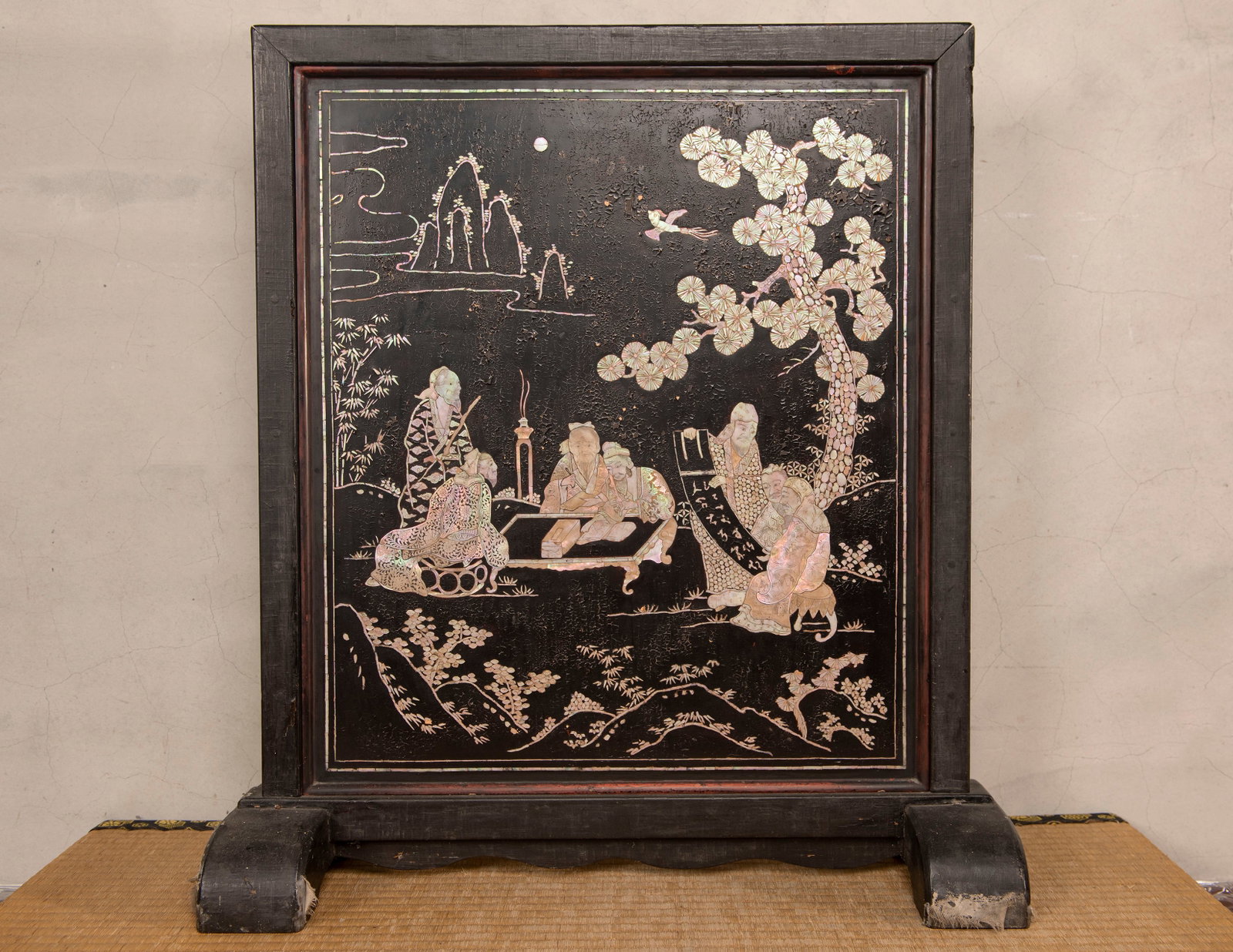 A Chinese Mother-of-Pearl Inlaid Lacquered Plaque: H:66cm crack