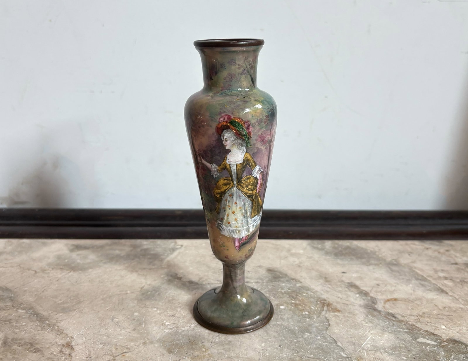 A French Limoges Guilloche Foil Enamel on Copper Miniature Portrait Vase: H:15cm