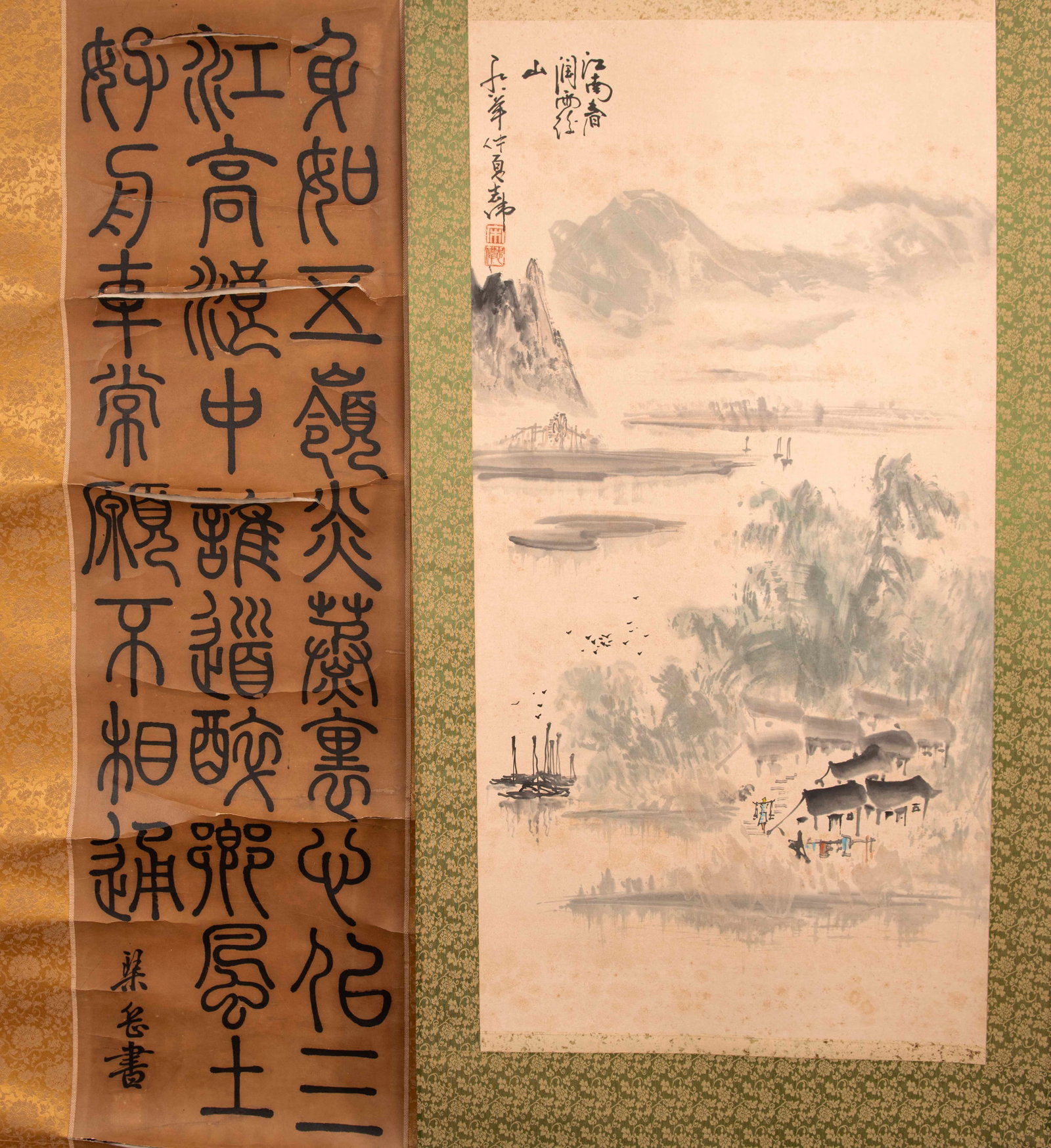 A Chinese Calligraphy and A Chinese Painting: 106.2*29.4 crack 88.2*43.7