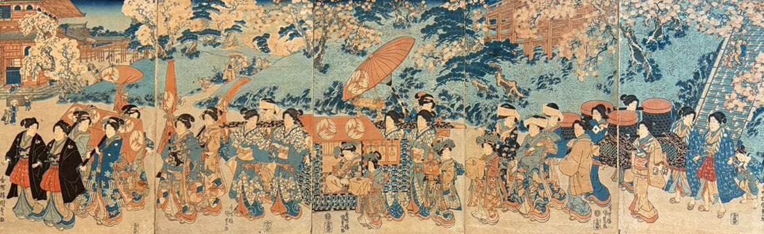 Kachoro Kunisada, A Ukiyo-e pentaptych: 45.6*140.7