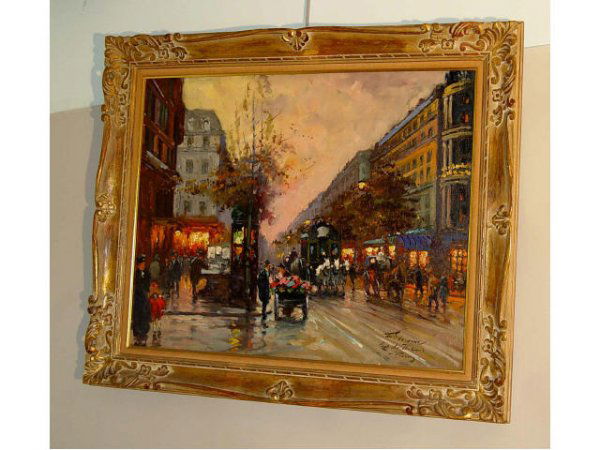 Paris French Street Scene Oil Panting Gerome : Oil on canvas, Signed Fr. Gerome, Titled with the street name in-Paris lower right, colorfully depicting an early 20th century horse and carriage Paris Street Scene in the manner of Edouard Cortes, in