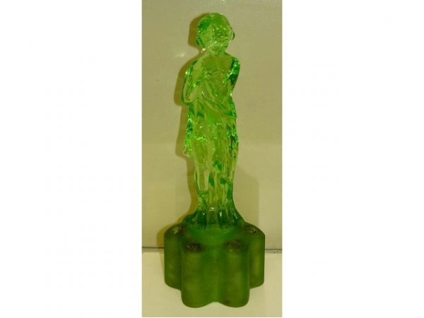 Vaseline Uranium Glass Female Flower Frog Deco : Art Deco Vaseline Uranium Glass Female Flower Frog, with nice lines and a robust size. SIZE: 13 1/4 inches height. CONDITION: Very good.