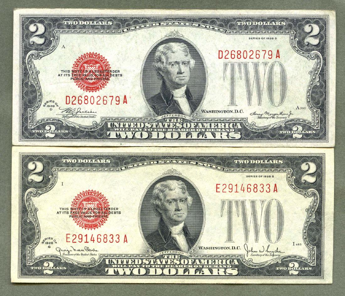 1928 D and G Series Two 2 Dollar Red Seal Note Bill AU: 1928 D and G Series Two 2 Dollar Red Seal Note Bill AU and XF US Currency (Three Notes in all)