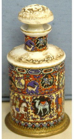 19c German Ceramic Islamic Motif Jar Bottle : With warrior on horseback relief lid, vibrant royal hunting Islamic scene in the round about the body of the vessel, with a high relief footed rim marked Germany on the underside. SIZE: 5 1/2 inches h