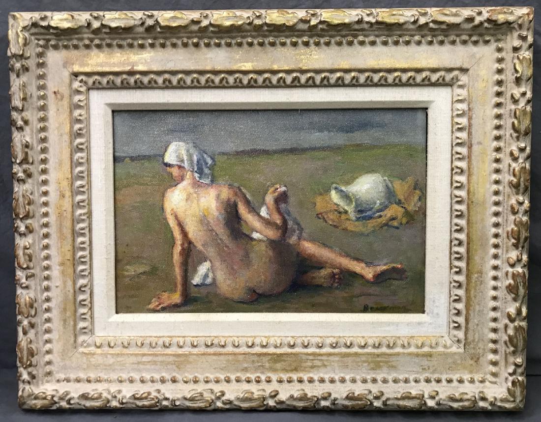 ROBERT BRACKMAN RECLINING NUDE ON BEACH OIL PAINTING: ROBERT BRACKMAN RECLINING NUDE ON BEACH OIL PAINTING Board Painting with Grand Central Art Gallery Label Ukraine Russian American, with a distinct impressionistic style and rich use or color and suppl