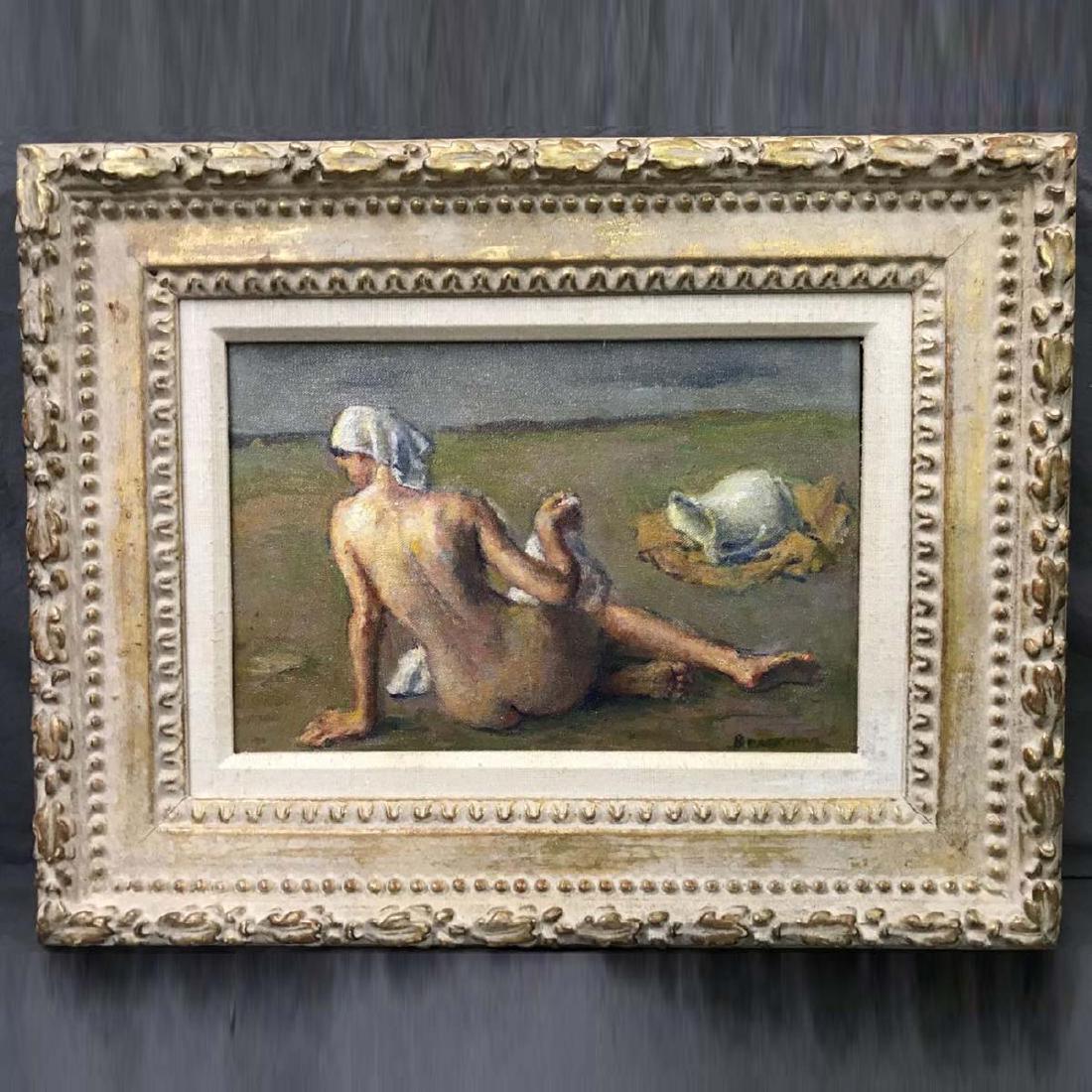 ROBERT BRACKMAN RECLINING NUDE ON BEACH OIL PAINTING: ROBERT BRACKMAN RECLINING NUDE ON BEACH OIL PAINTING Board Painting with Grand Central Art Gallery Label Ukraine Russian American, with a distinct impressionistic style and rich use or color and suppl