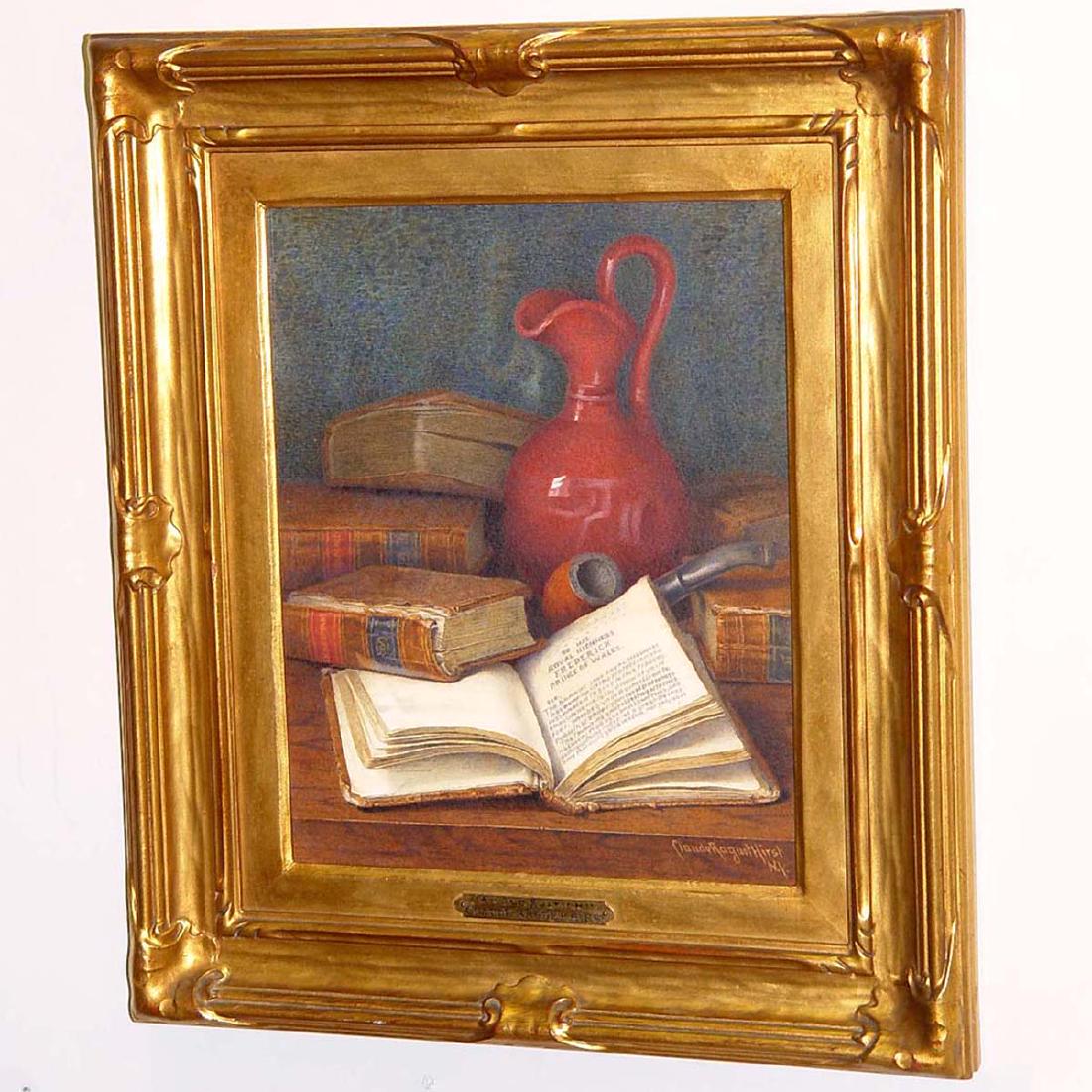 CLAUDE RAGUET HIRST NY WATERCOLOR STILL LIFE PAINTING,: CLAUDE RAGUET HIRST NY WATERCOLOR STILL LIFE PAINTING, CIRCA 1890, a rare watercolor still of life signed Claude Raguet Hirst NY lower right, titled 'An Old Edition', housed in the original period gil