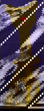 Folk Art Paper Mache Kitty Cat Sculpture Statue : Large and colorful surrealist clown like cat sculpture with a an unusually long neck. SIZE: 42 1/4 inches height x 14 inches length x 13 inches width. CONDITION: Minor normal wear, overall good.