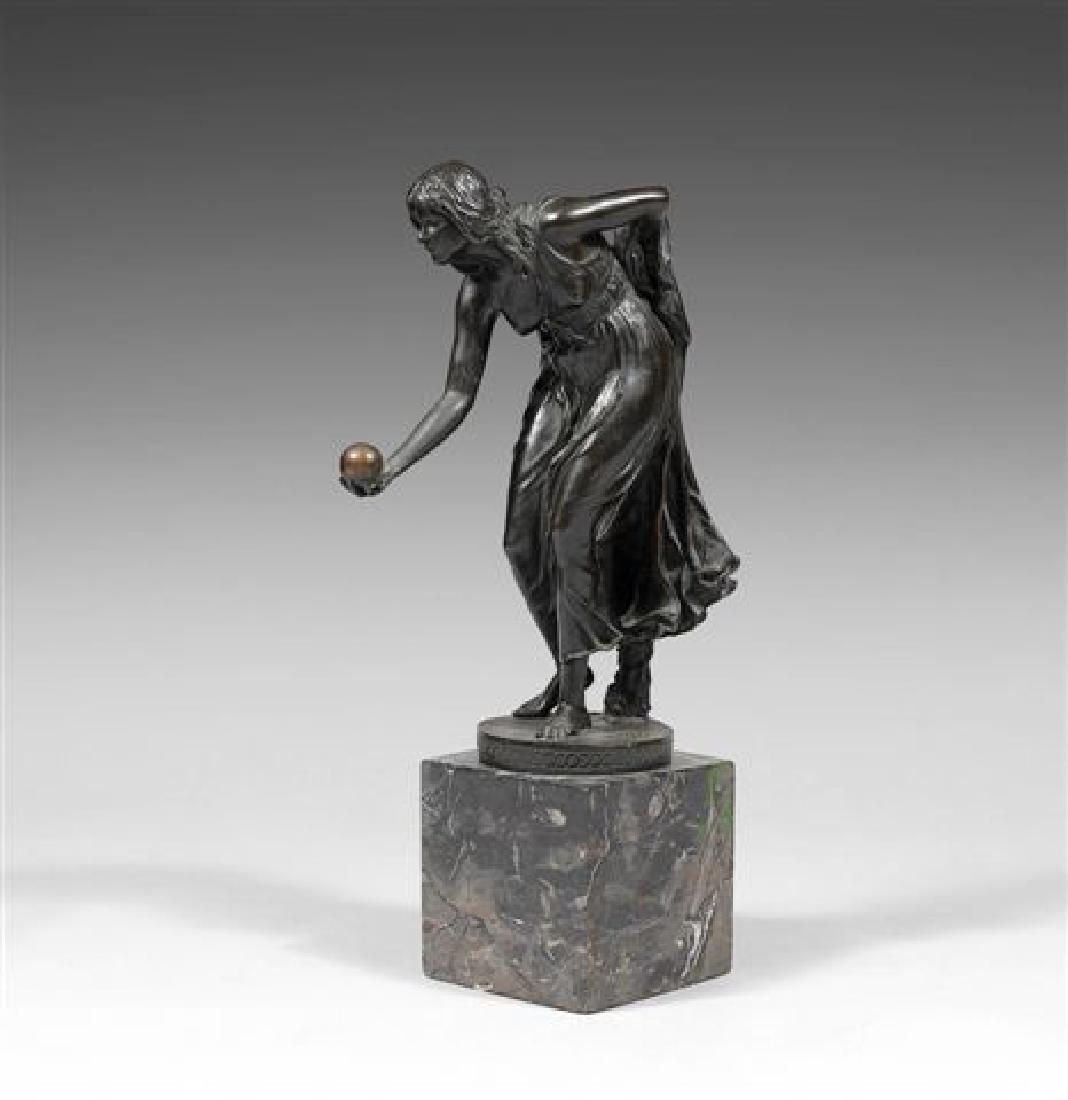 WALTER SCHOTT GERMAN BRONZE SCULPTURE FEMALE With BALL: WALTER SCHOTT GERMAN BRONZE SCULPTURE FEMALE With BALL Walter Schott German Bronze Sculpture Female with Golden Ball Walter SCHOTT (born in 1861), German School La joueuse de boules Bronz, signed, In.