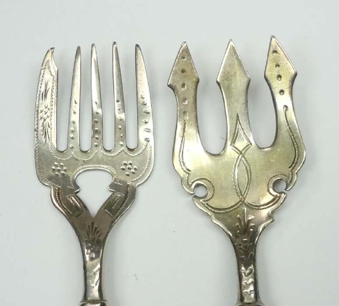 1862 GEORGE B SHARP ANTIQUE TRIDENT BALL COCKTAIL FORKS: 1862 GEORGE B SHARP ANTIQUE TRIDENT BALL COCKTAIL FORKS 1862 Chased George B. Sharp Antique Trident Ball Form American Silver Cocktail Forks; 19th Century Chased and Engraved George Sharp Antique Trid