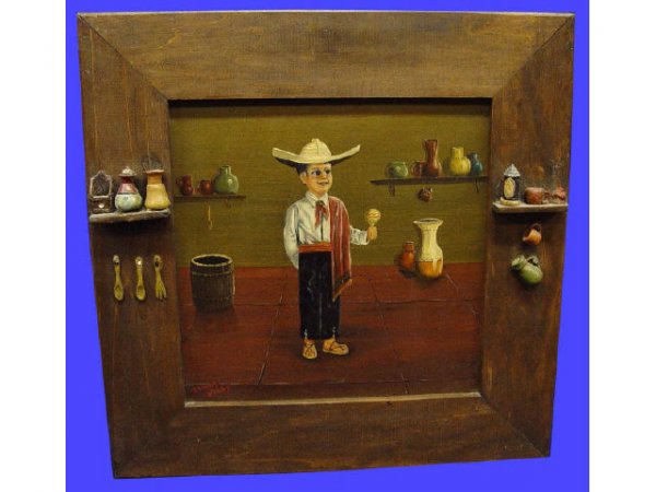 Signed Thomas Kerry lower left, Oil on Masonite : Signed Thomas Kerry lower left, Oil on Masonite Mexican Boy Painting, housed in an original ceramic kitchen ware on a shelf mahogany folk art frame. SIZE: 12" x 12" (artwork) 17" x 17" (frame) SIZE: .