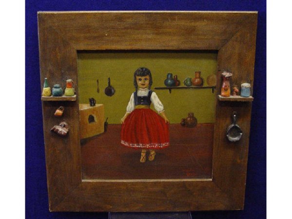 Signed Thomas Kerry lower left, Oil on Masonite : Signed Thomas Kerry lower left, Oil on Masonite Mexican Girl Painting, housed in an original ceramic kitchen ware on a shelf mahogany folk art frame. SIZE: 12" x 12" (artwork) 17" x 17" (frame) CONDIT