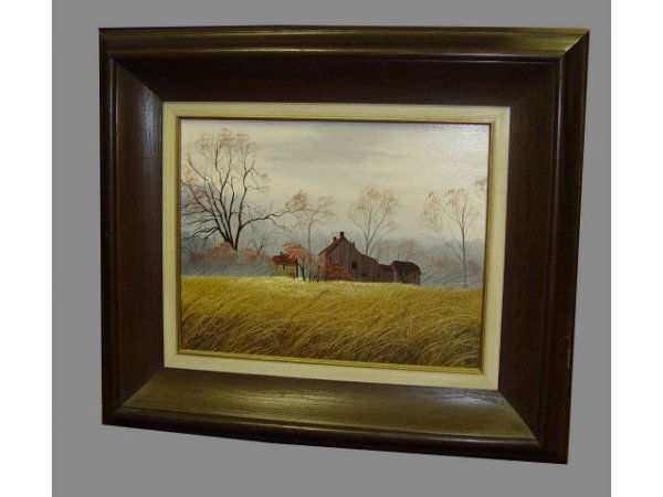 Farm Barn Scene Landscape Oil Painting Signed : Farm Barn Scene Landscape Oil Painting Signed Thomas Kerry Lower Left, Oil on massonite. 20 x 16 inches (artwork), 24 x 28 inches (frame). CONDITION: Very good.