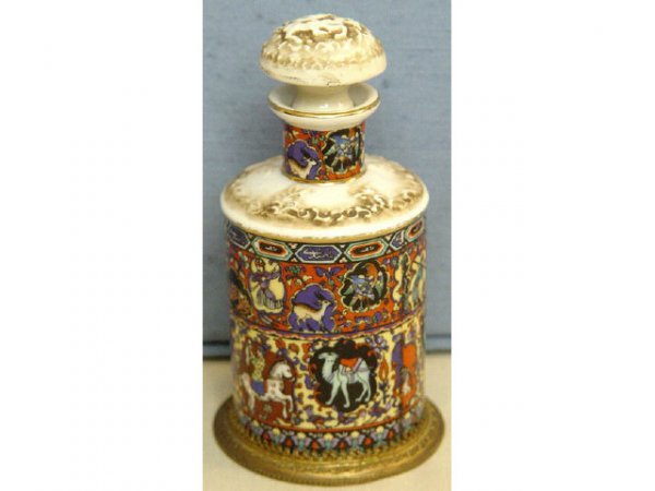 19c German Ceramic Islamic Motif Jar Bottle : With warrior on horseback relief lid, vibrant royal hunting Islamic scene in the round about the body of the vessel, with a high relief footed rim marked Germany on the underside. SIZE: 5 1/2 inches h