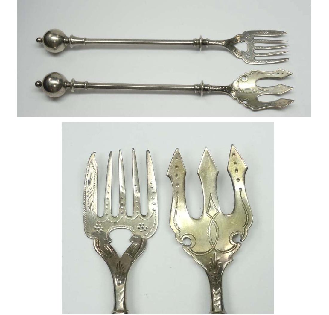 An Outstanding Grouping of (2) two 19th Century Chased: An Outstanding Grouping of (2) two 19th Century Chased and Engraved George Sharp Antique Trident Ball Pattern Silver Cocktail Fork Gothic Style. The fork with ball terminal over the cylindrical segmen