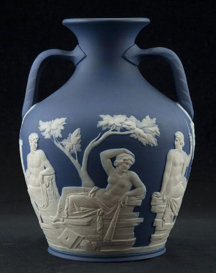 WEDGWOOD JASPERWARE TWO HANDLED PORTLAND VASE COBALT
