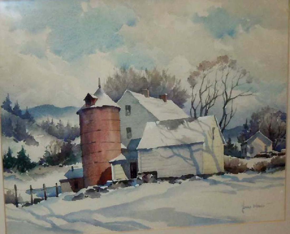 JOHN HARE WATERCOLOR PAINTING VERMONT RED BARN WINTER: JOHN HARE WATERCOLOR PAINTING VERMONT RED BARN WINTER DETAILS: - ARTIST: John Cuthbert Hare - ORIGIN: American, (1908-1978) - SIGNED: John Hare (lr), Associated American Artists Fifth Avenue Gallery P