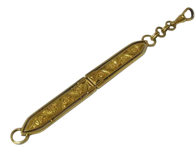 14KT GOLD NOUVEAU FLORAL ENGRAVED ARTICULATED FOB CHAIN (1 of 5)