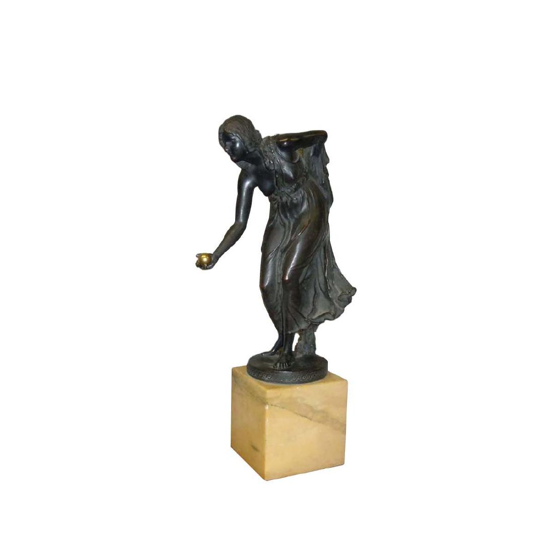 WALTER SCHOTT GERMAN BRONZE SCULPTURE FEMALE With BALL: WALTER SCHOTT GERMAN BRONZE SCULPTURE FEMALE With BALL Walter Schott German Bronze Sculpture Female with Golden Ball Walter SCHOTT (born in 1861), German School La joueuse de boules Bronz, signed, In.