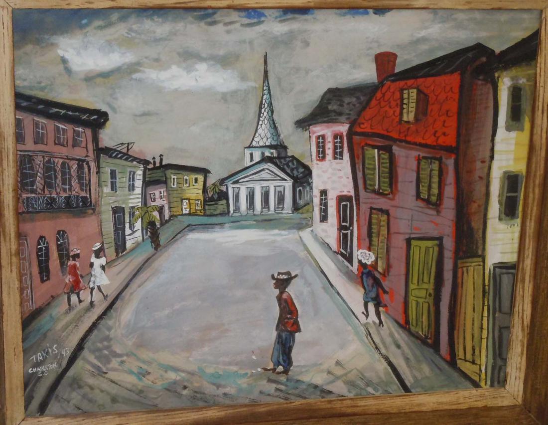 NICHOLAS TAKIS CHARLESTON SOUTH CAROLINA PAINTING BLACK: NICHOLAS TAKIS CHARLESTON SOUTH CAROLINA PAINTING BLACK AMERICANA DETAILS: - ARTIST: Nicholas Takis - ORIGIN: American, (1903-1965) - TITLE: Sunday Afternoon in Charleston South Carolina - SIGNED: TAK