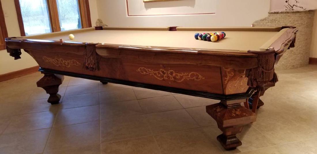 9ft ANTIQUE BRILLIANT NOVELTY HEAVY INLAY POOL TABLE: 9ft ANTIQUE BRILLIANT NOVELTY HEAVY INLAY POOL TABLE Never used commercially, took 2 years to find... , completely restored, new camel color Simonis 860 high speed cloth, pockets rebuilt by Hood Leat