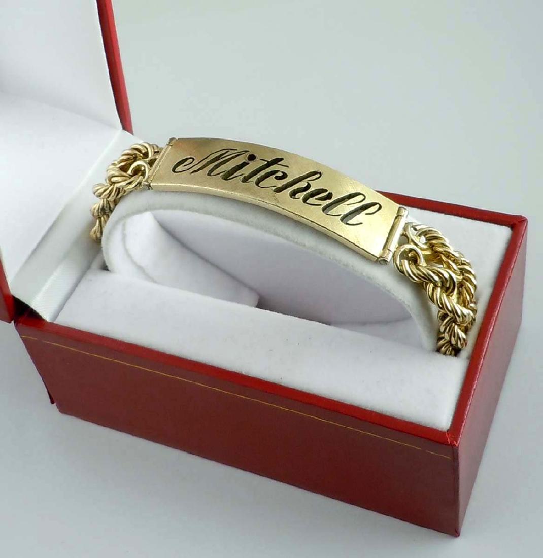 CHUNKY CUSTOM MADE GOLD FILLED MITCHELL NAME BRACELET A: CHUNKY CUSTOM MADE GOLD FILLED MITCHELL NAME BRACELET A Chunky Vintage Custom Made Yellow Gold Filled Mitchell Name Bracelet, marked 'RHYHM 12K GF', featuring an open work over satin finish scripted '