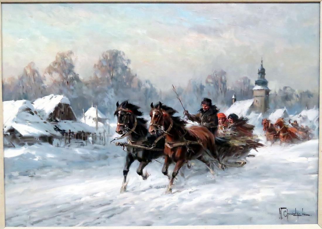 WLADYSLAW T CHMIELINSKI POLISH OIL PAINTING SLEIGH RIDE: WLADYSLAW T CHMIELINSKI POLISH OIL PAINTING SLEIGH RIDE DETAILS: - ARTIST: Wladyslaw T Chmielinski - BIRTH: Poland, Russian Federation: (1911-1979) - TITLE: Sleigh Riding Through a Village - SIGNED: