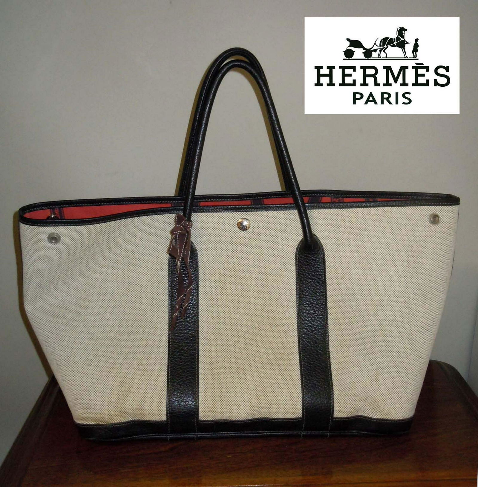 HERMES BEIGE CANVAS BLACK LEATHER GARDEN PARTY TOTE BAG (1 of 11)