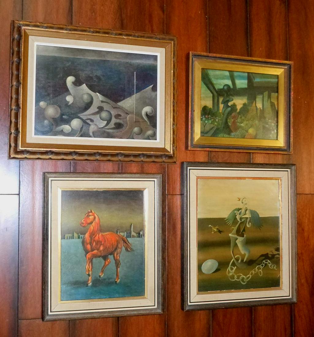GEORGES SPIRO SURREALIST OIL PAINTINGS FRENCH HORSE 40S: GEORGES SPIRO SURREALIST OIL PAINTINGS FRENCH HORSE 40S Georges Spiro French, 1909-1994 (4 Works) COMPOSITION SURREALISTE Signed: Spiro (variable location); Oil on Board 7.25 x 9.5 inches 8.5 x 10.