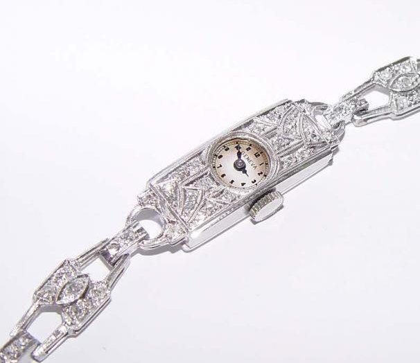 LADY'S GENEVA DECO PLATINUM EUROPEAN CUT DIAMOND WATCH (1 of 4)