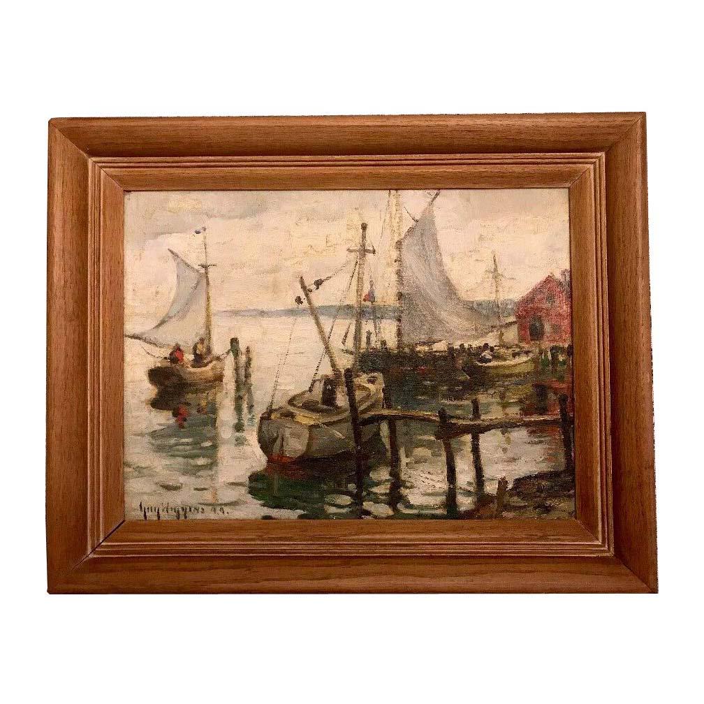 GUY CARLETON WIGGINS OIL PAINTING ESSEX CONNECTICUT NEW: GUY CARLETON WIGGINS OIL PAINTING ESSEX CONNECTICUT NEW ENGLAND SCENE DETAILS: - ARTIST: Guy Carleton Wiggins - ORIGIN: American, (1883-1962) - TITLE: A Quiet Day; Essex, Connecticut - SIGNED: Guy Wig