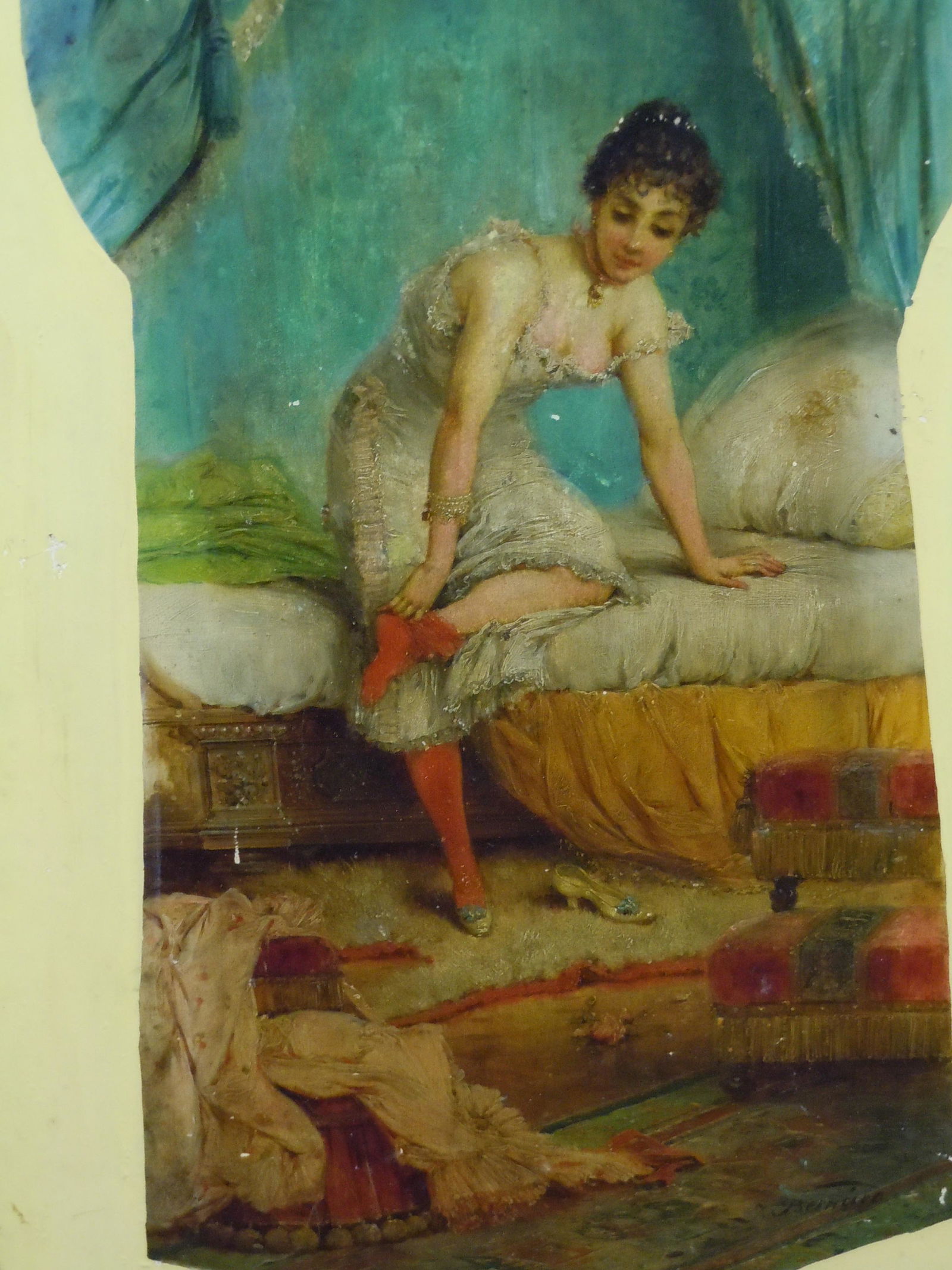 JOSEPH BERNARD FRENCH OIL PAINTING NUDE CABARET DANCER: JOSEPH BERNARD FRENCH OIL PAINTING NUDE CABARET DANCER DETAILS: - ARTIST: Joseph Bernard - ORIGIN: French, (1864-1933) - SIGNED: J. Bernard (lr) - TITLED: Looking Through the Keyhole - MEDIUM: Oil on