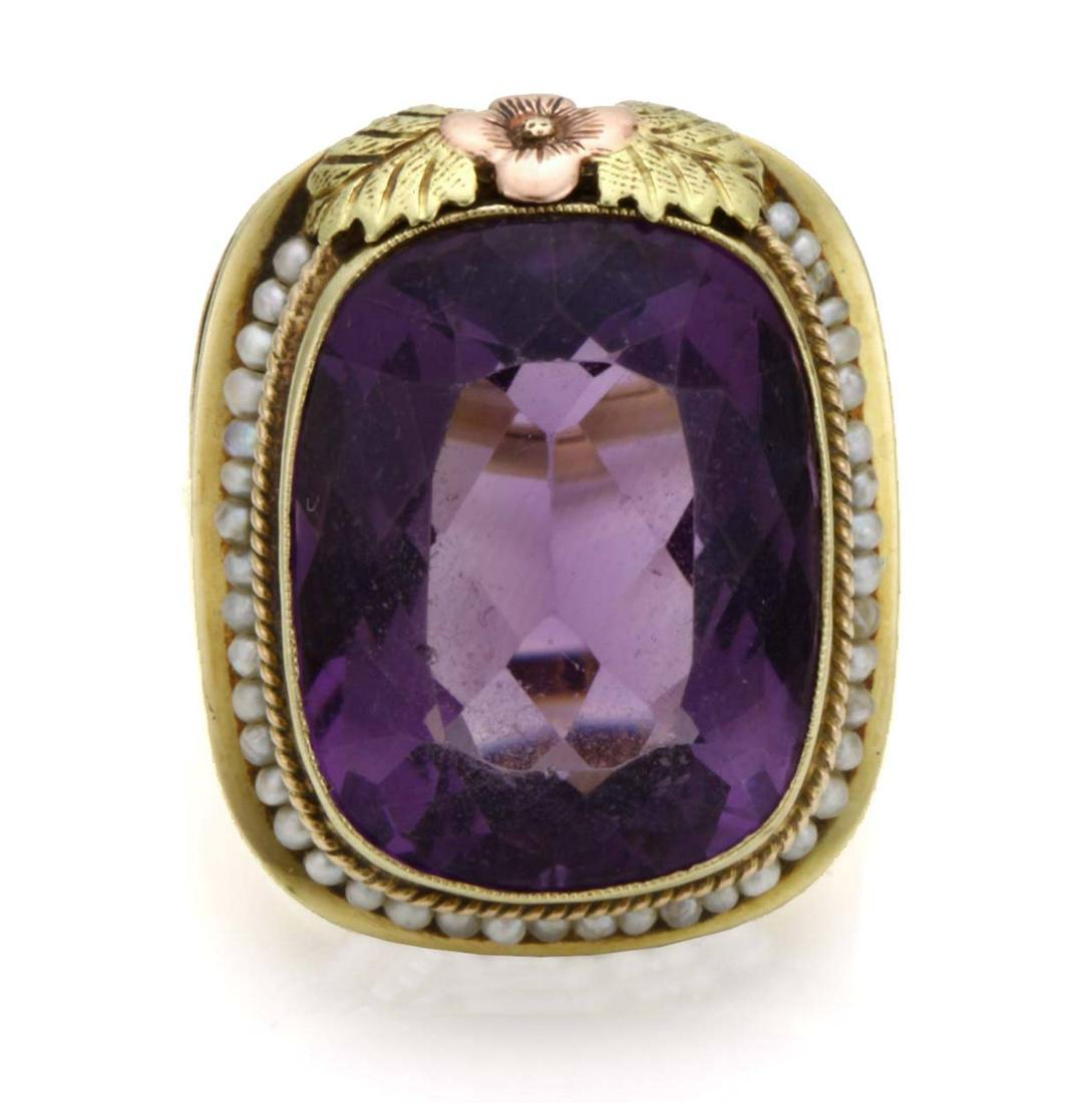 15CT AMETHYST PEARL 14K YELLOW & ROSE GOLD RING c1919 (1 of 5)