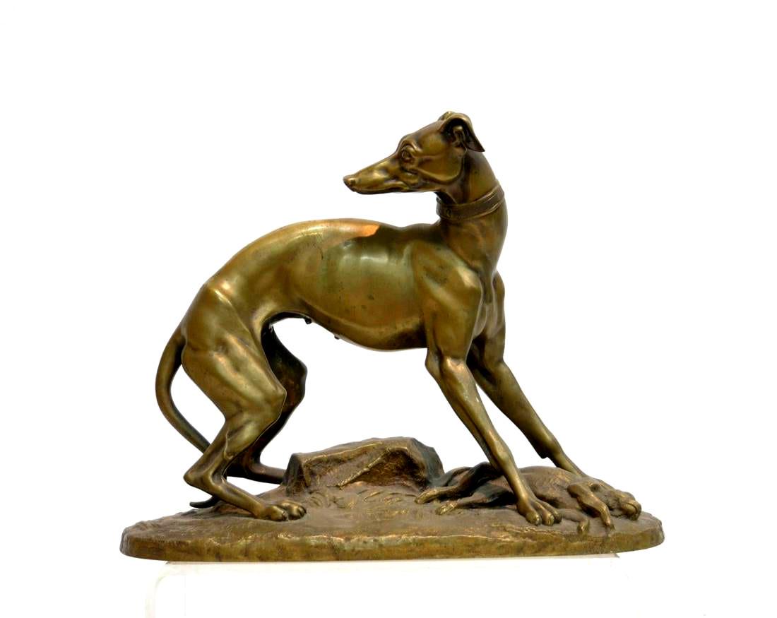 THOMAS GECHTER 19C FRENCH BRONZE DOG w/ HARE SCULPTURE (1 of 9)