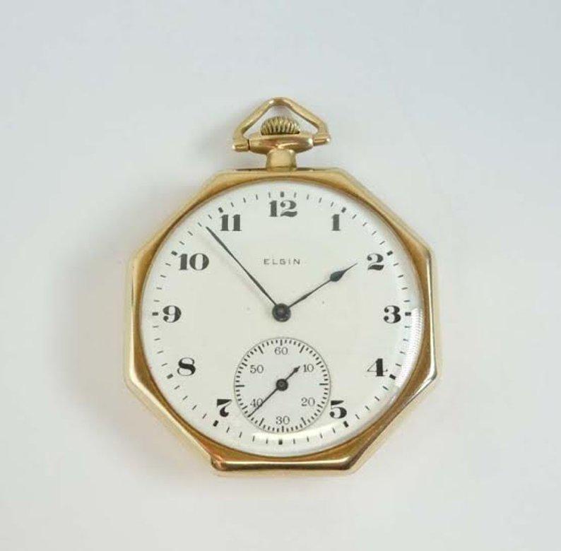 1919 DECO 14K GOLD ELGIN POCKET WATCH OCTAGONAL CASE 8S (1 of 5)