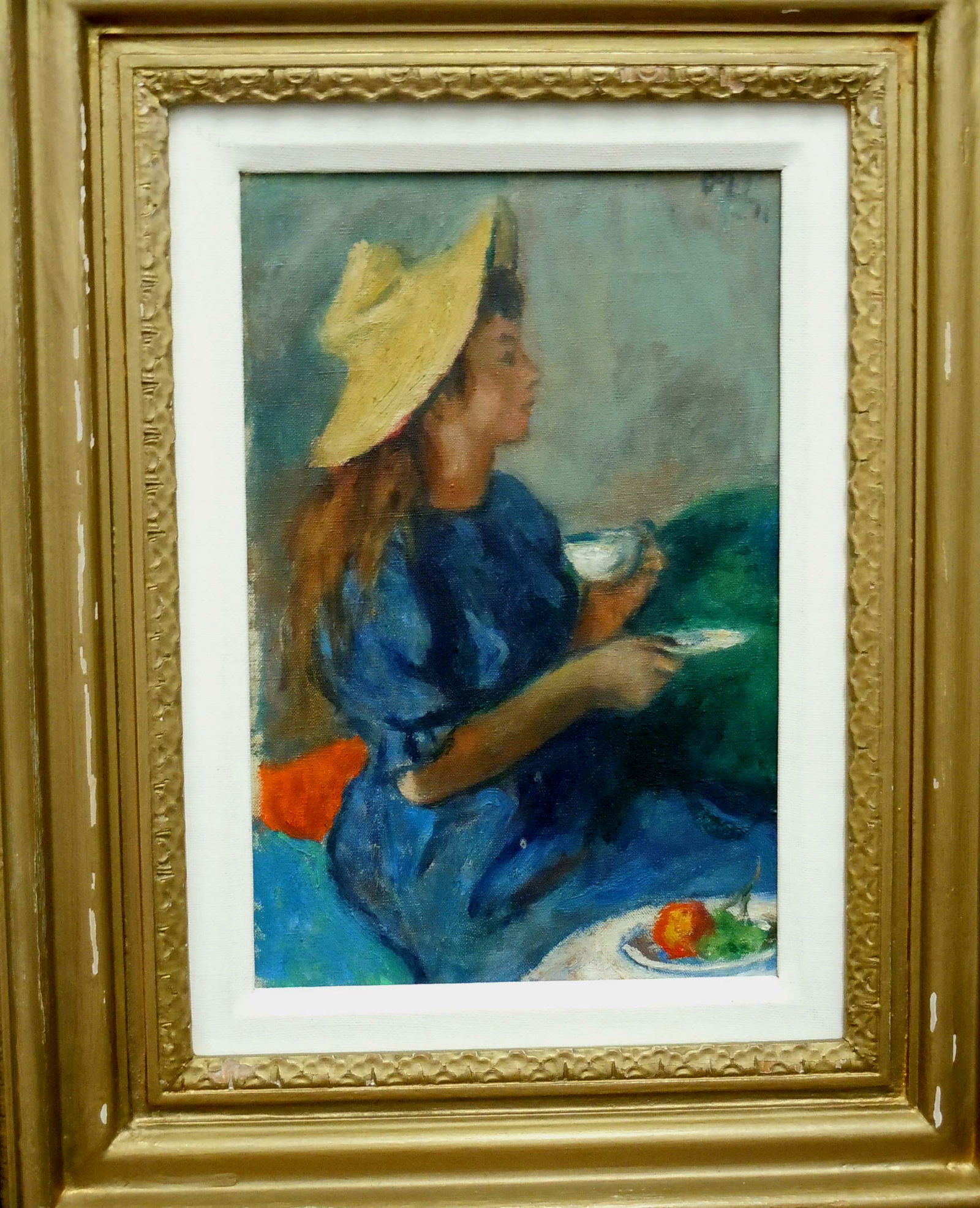 ROBERT PHILIPP TEA TIME GIRL YELLOW HAT OIL PAINTING (1 of 10)