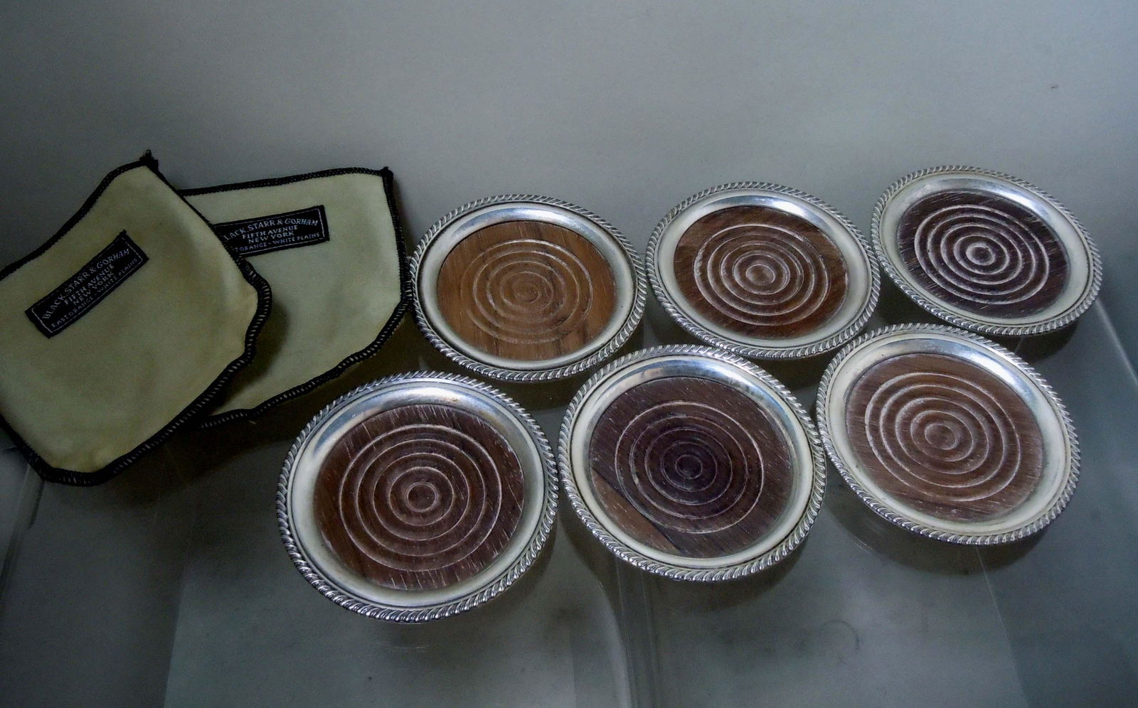SIX BLACK STARR GORHAM STERLING SILVER WALNUT COASTERS (1 of 7)
