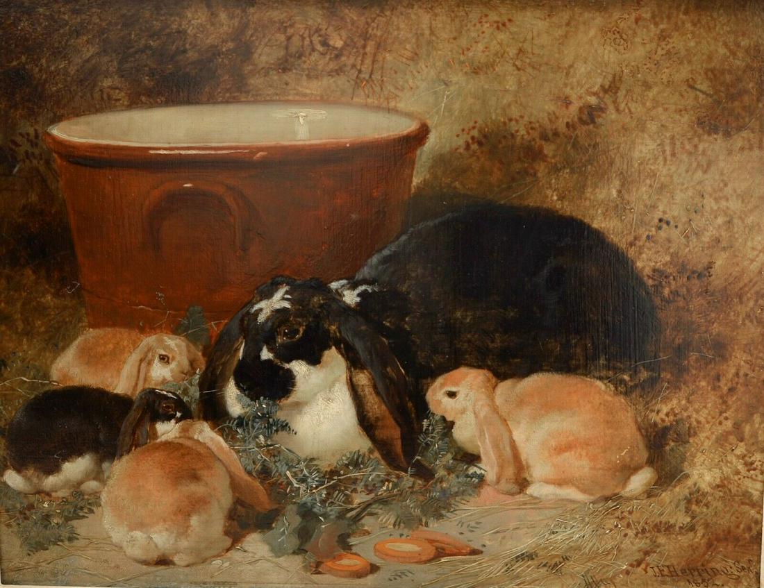 JOHN FREDERICK HERRING SR RABBITS OIL PAINTING, ENGLISH (1 of 5)