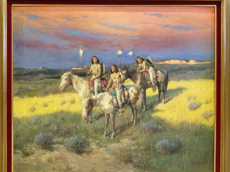 LAJOS MARKOS OIL PAINTING NATIVE AMERICAN INDIAN HORSES: LAJOS MARKOS OIL PAINTING NATIVE AMERICAN INDIAN HORSES - ARTIST: Lajos Markos - BIRTH: American, 1917-1993 - TITLE: The Lost Track - SIGNATURE: L Markos (lower right); also Signed to the verso ''By