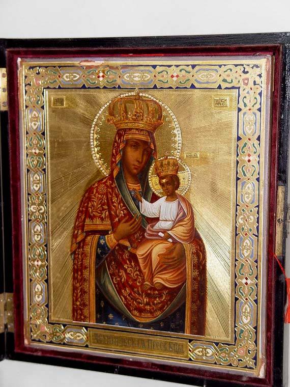 19c MOTHER OF GOD RUSSIAN ICON ENAMEL GILT WITH CASE (1 of 8)
