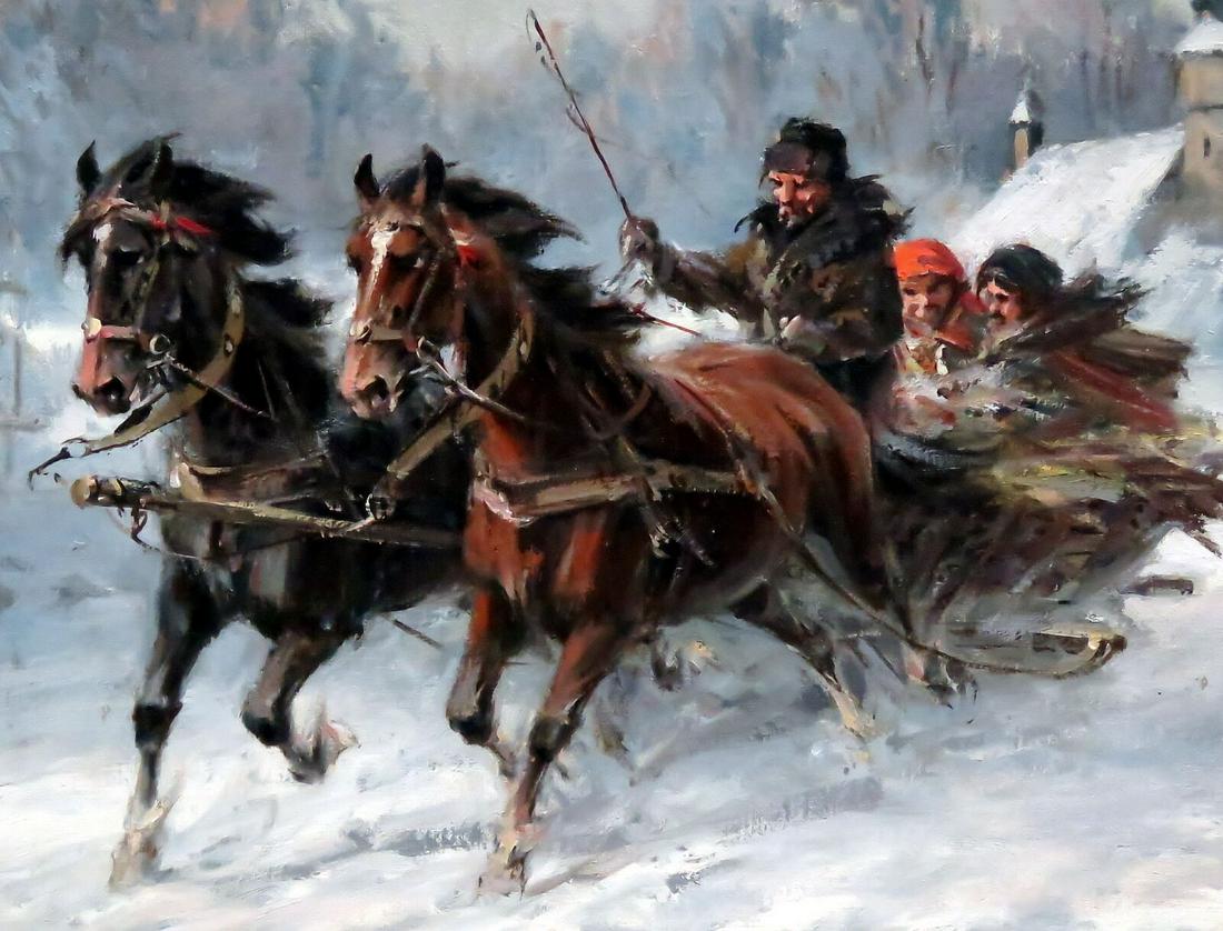 WLADYSLAW T CHMIELINSKI POLISH OIL PAINTING SLEIGH RIDE: WLADYSLAW T CHMIELINSKI POLISH OIL PAINTING SLEIGH RIDE DETAILS: - ARTIST: Wladyslaw T Chmielinski - BIRTH: Poland, Russian Federation: (1911-1979) - TITLE: Sleigh Riding Through a Village - SIGNED: