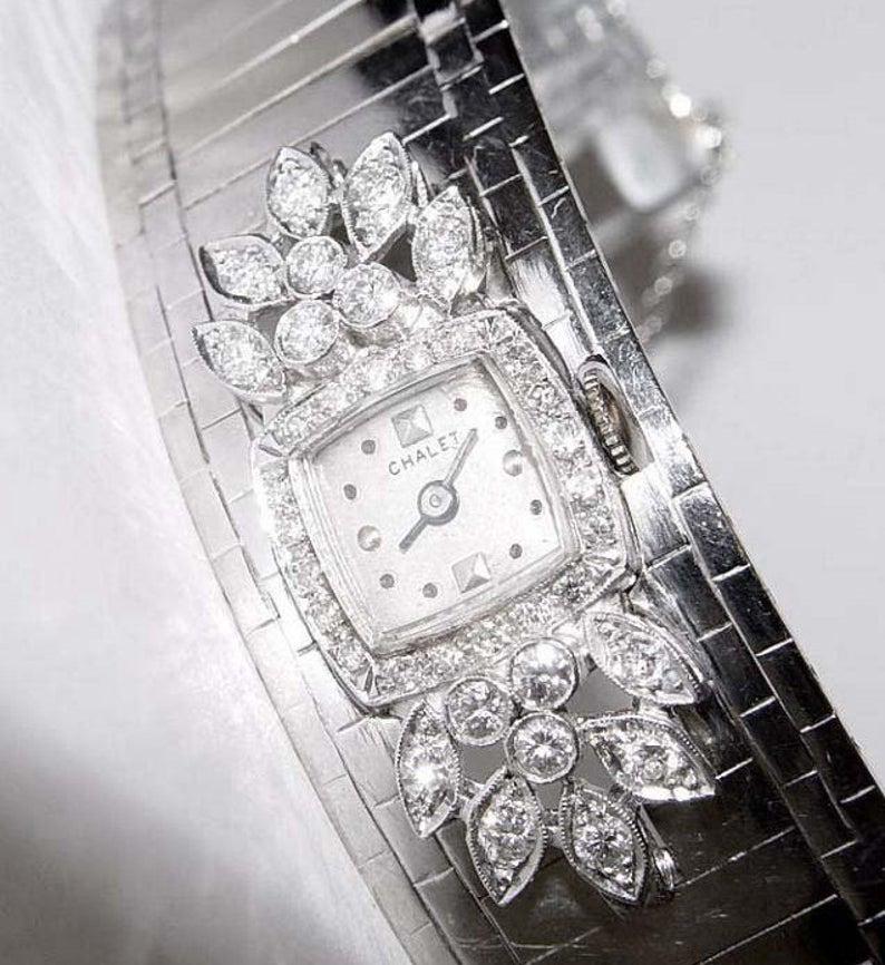 14KT GOLD PLATINUM DIAMOND CHALET LADIES BRACELET WATCH (1 of 4)