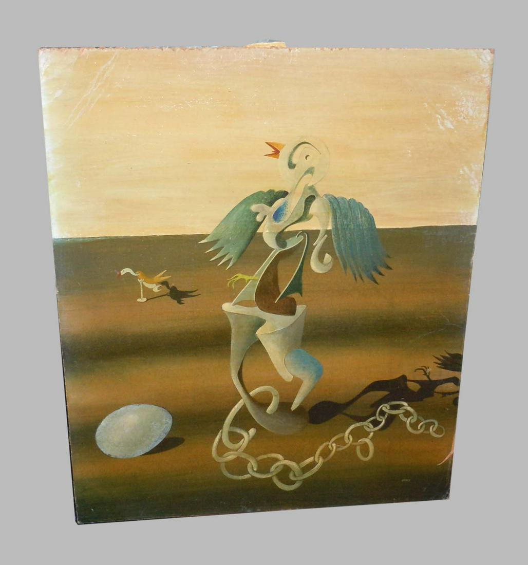 GEORGES SPIRO SURREALIST OIL PAINTING BIRD in LANDSCAPE: GEORGES SPIRO SURREALIST OIL PAINTING BIRD in LANDSCAPE Georges Spiro French, 1909-1994 COMPOSITION SURREALISTE Signed: Spiro (lr); Oil on Board 10 x 12 inches CONDITION REPORT: Very good to excelle
