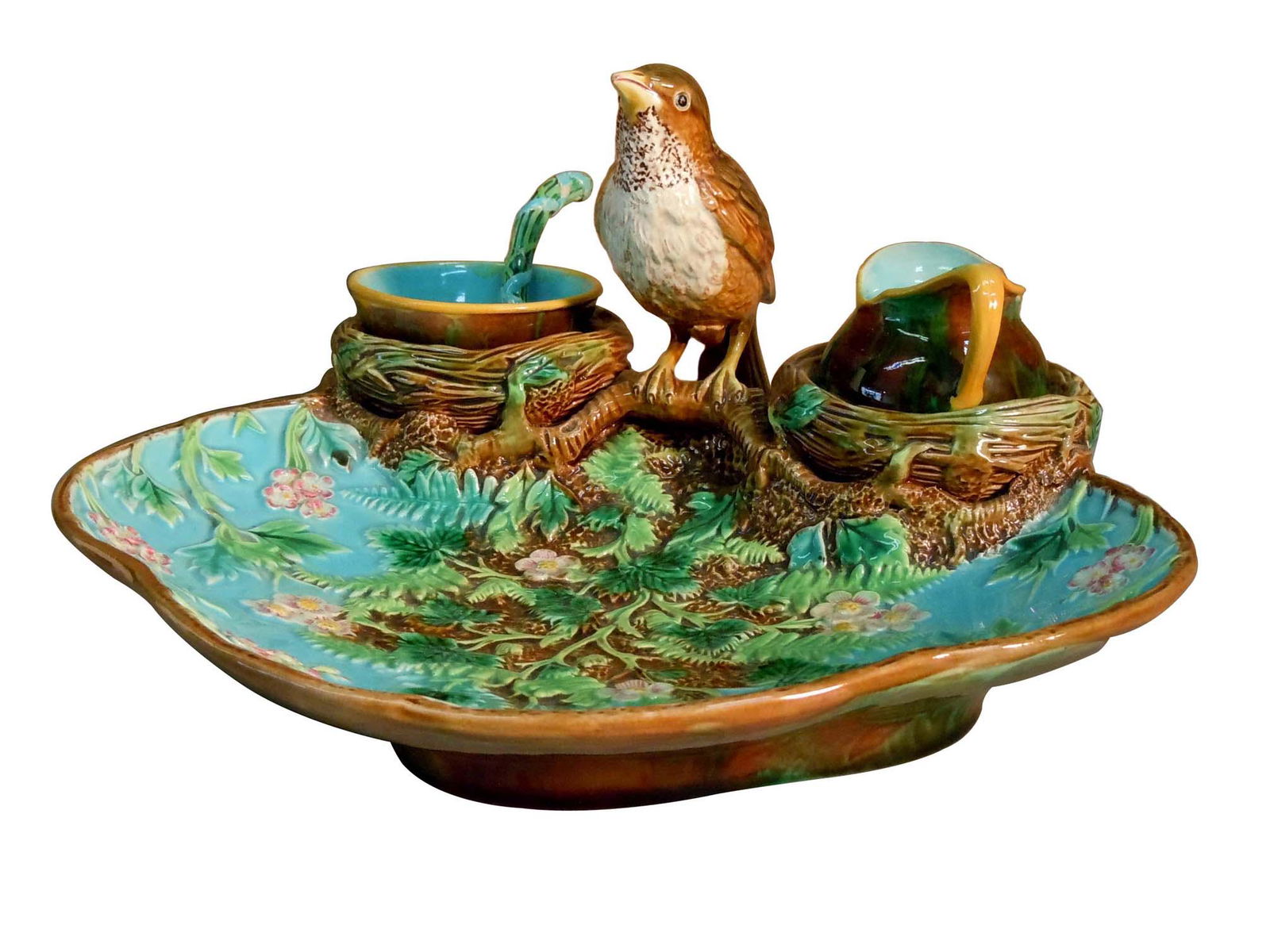 GEORGE JONES MAJOLICA STRAWBERRY SERVER BIRD CREAM (1 of 8)