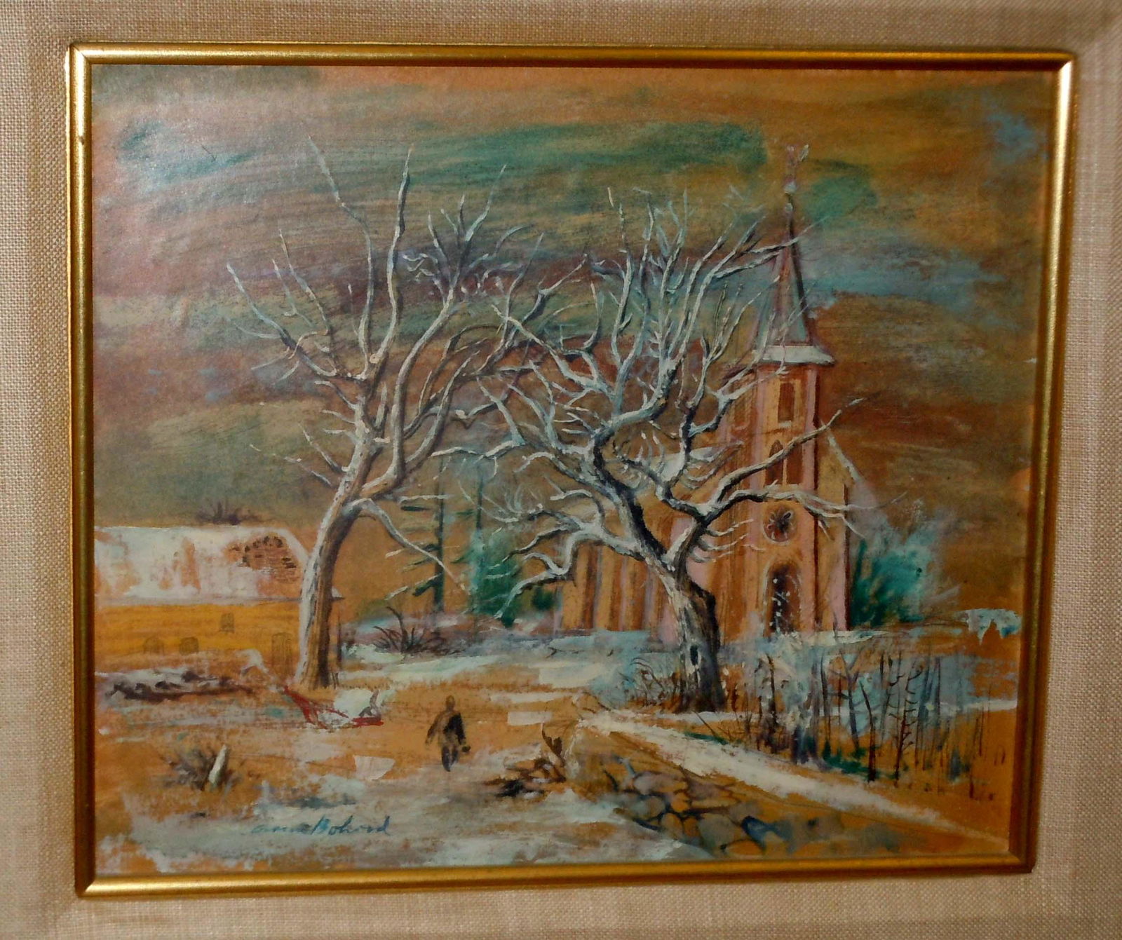 AARON BOHROD LUXEMBOURG WINTER OIL ON MASONITE PAINTING: AARON BOHROD LUXEMBOURG WINTER OIL ON MASONITE PAINTING AMERICAN, 1907-1992 Aaron Bohrod American, 1907-1992 Winter Landscape w/th figure Luxembourg Winter Signed: Aaron Bohrod (lower left) and Signe
