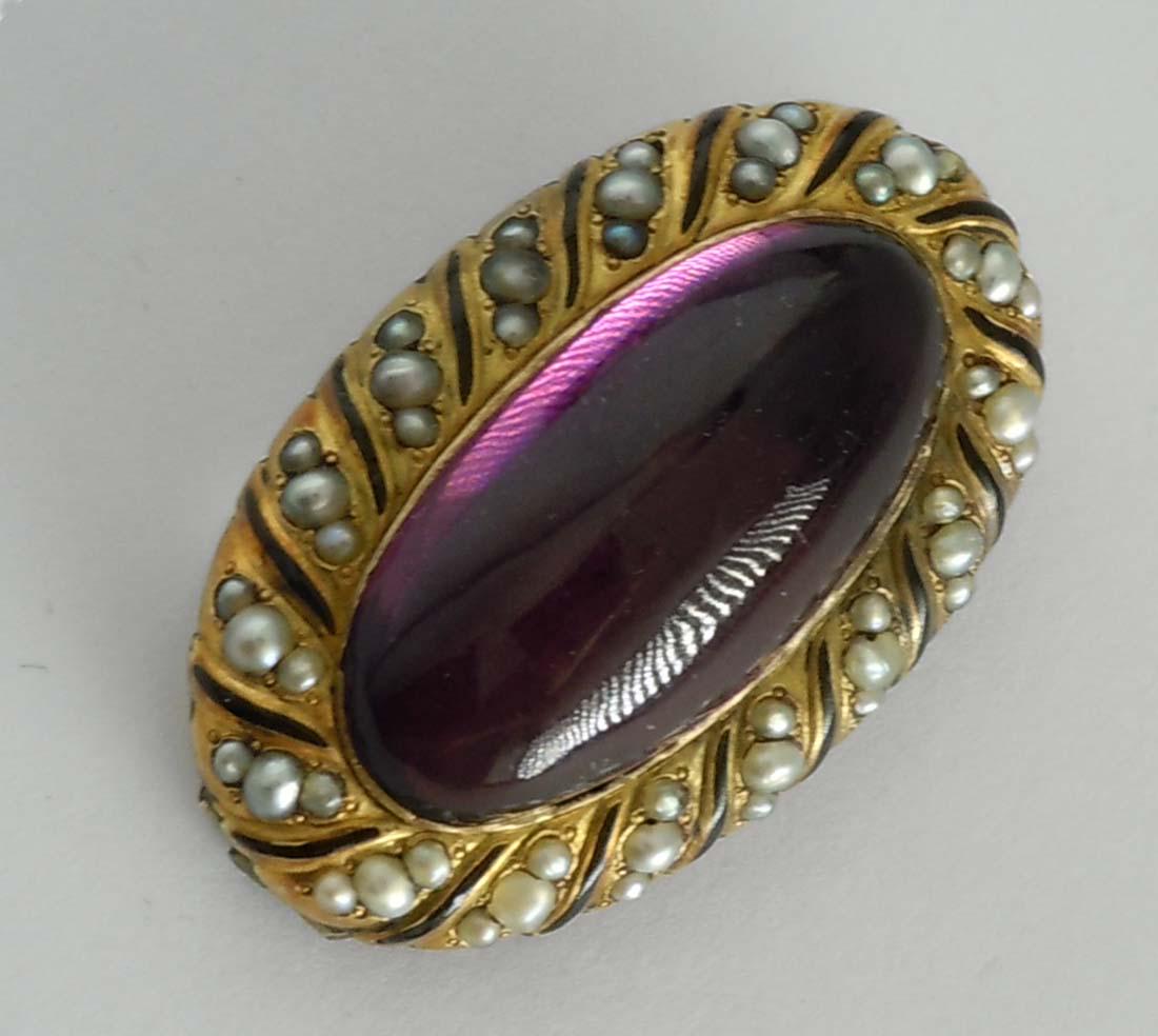 19c VICTORIAN 14K GOLD 10CT AMETHYST SEED PEARL BROOCH (1 of 7)