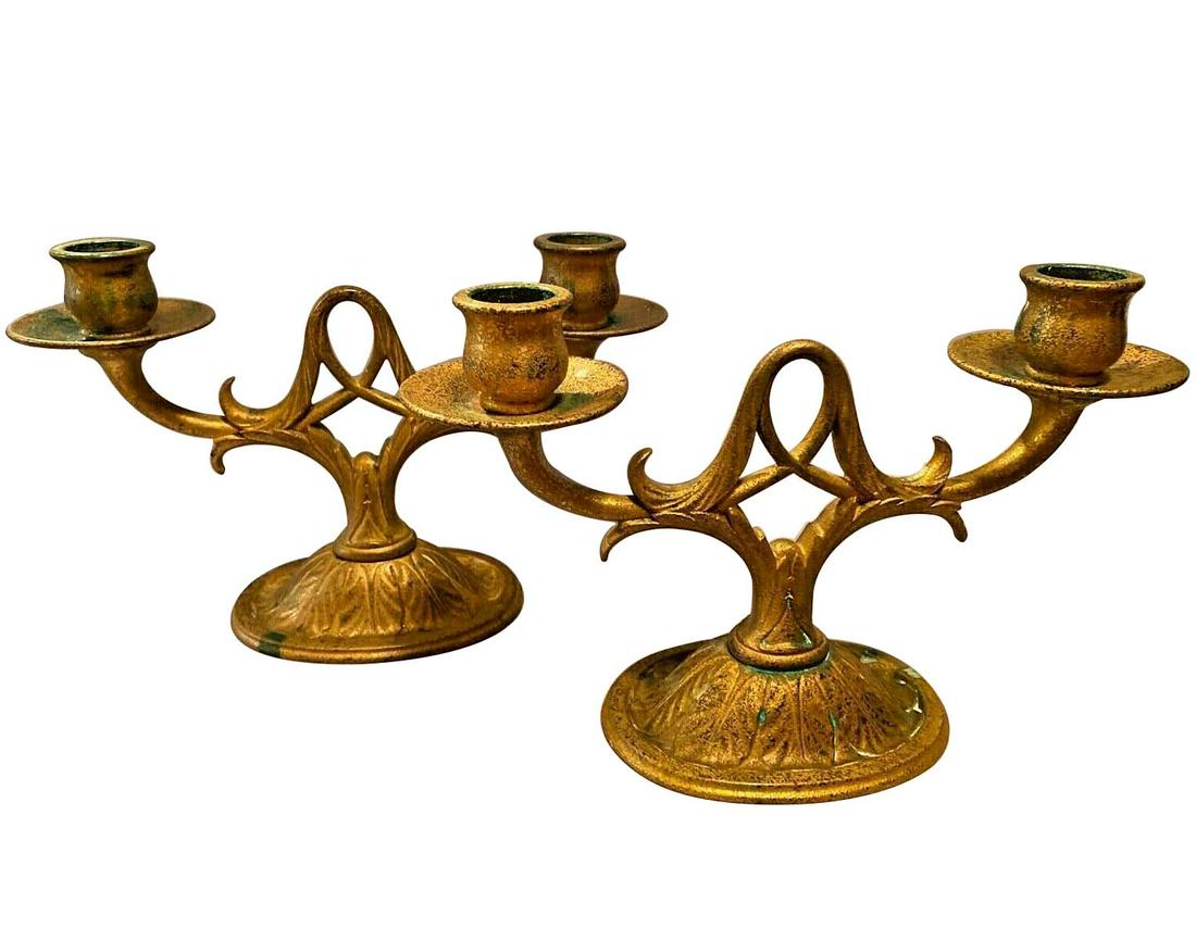 PAIR TIFFANY STUDIOS GILT BRONZE TWO LIGHT CANDELABRUM (1 of 10)