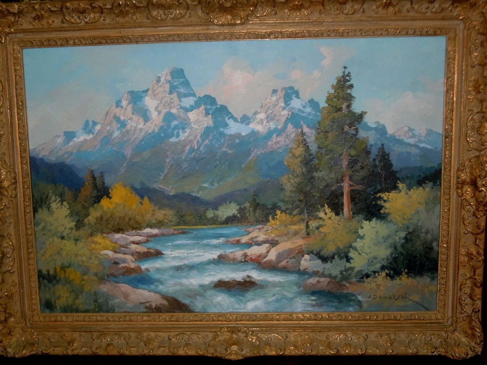 ALEXANDER DZIGURSKI GRAND TETON, WYOMING OIL PAINTING: ALEXANDER DZIGURSKI GRAND TETON, WYOMING OIL PAINTING Alexander Dzigurski American, 1911-1995 Grand Teton, Wyoming Signed: A. Dzigurski (lr) Stamped to verso: Copyright Reserved by: Prof. Alex Dzigu