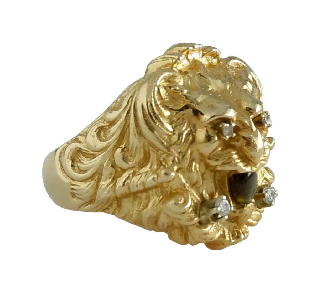 MEN'S CHUNKY 14K GOLD DIAMONDS TIGER EYE LION RING 20 (1 of 6)