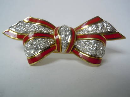 TIFFANY 18K DIAMOND ENAMEL BOW BROOCH, DONALD CLAFLIN: TIFFANY 18K DIAMOND ENAMEL BOW BROOCH, DONALD CLAFLIN Diamond, Enamel, Platinum & Gold ribbon/bow brooch, Attrib: Donald Claflin for Tiffany & Co., circa 1970 The brooch features pave set full-cut di